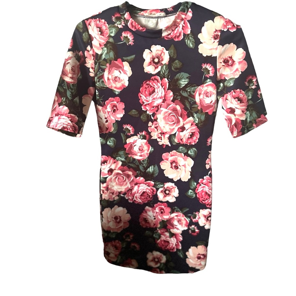Floral Bodycon Dress Navy Pink Roses Half Sleeve Fitted Sheath Dress - Picture 6 of 9